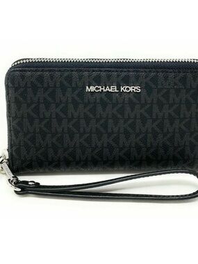 Michael Kors Black MK Logo Zip Wristlet with Silver Hardware travel phone